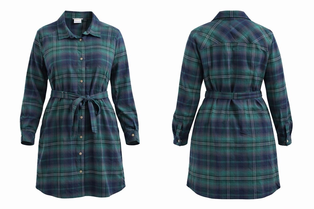Columbia Women’s 2X Plaid Flannel Shirt Dress Green Blue Button Front Belted