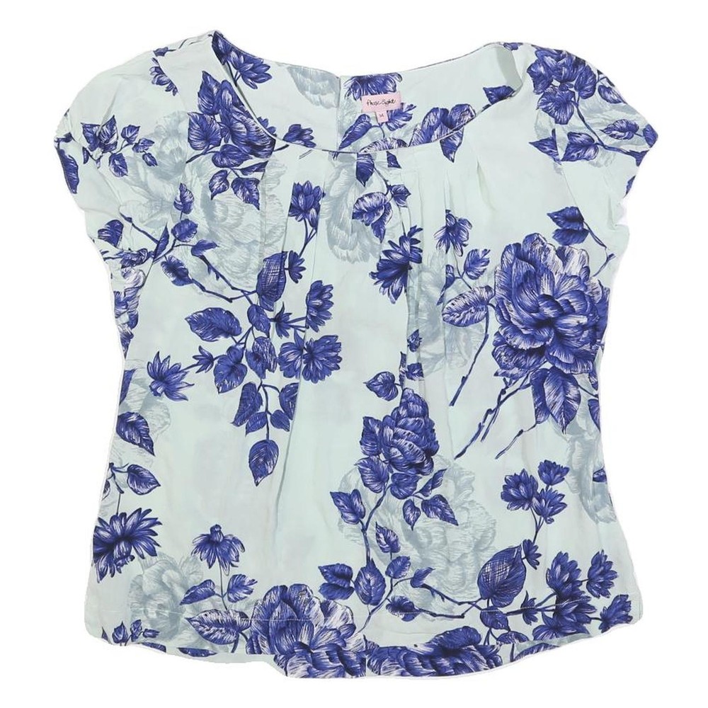 PHASE EIGHT Womens White & Blue Floral Printed Top Short Sleeve Round Neck UK 14