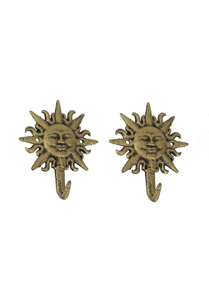 Scratch & Dent Set of 2 Cast Iron Gold Sun Face Decorative Wall Hooks