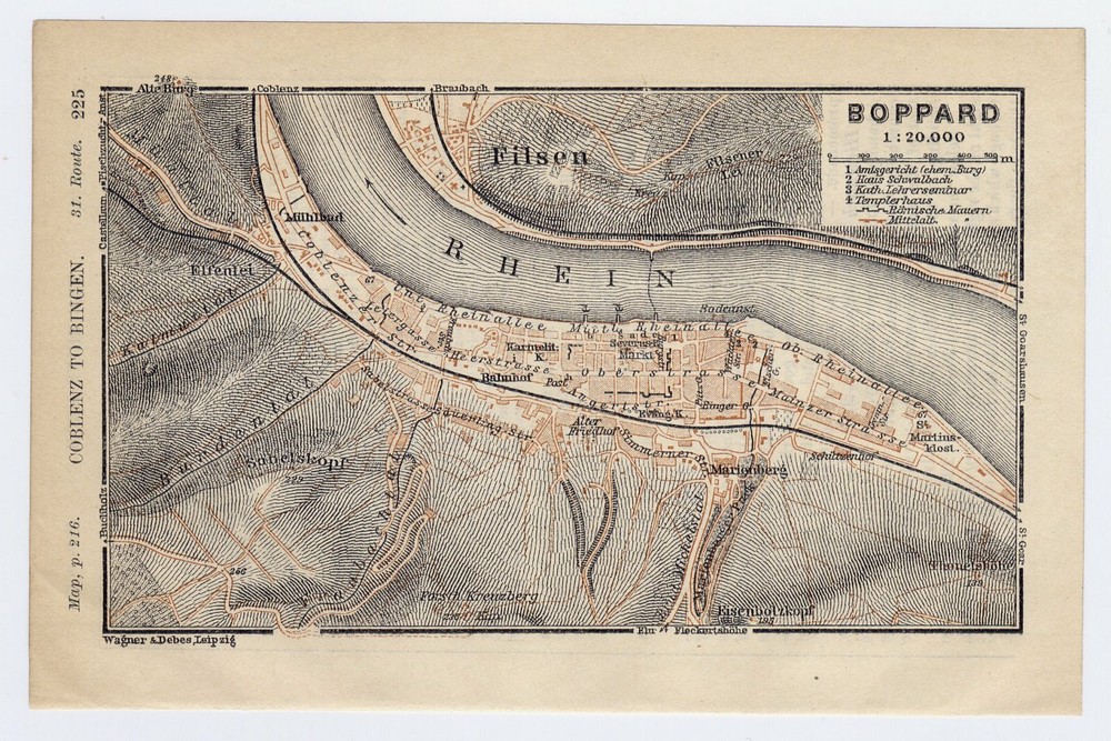 1911 Original Antique Map Of Boppard / Germany
