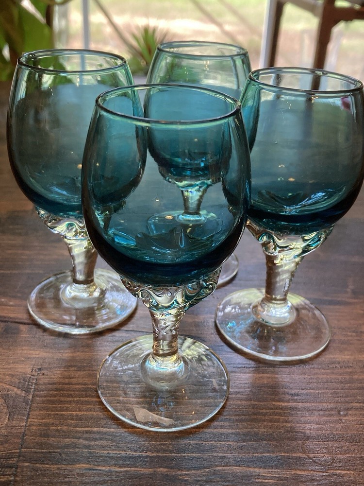 Vintage Empoli Italian Hand Blown Liquor Glasses Peacock Blue Set Of 4