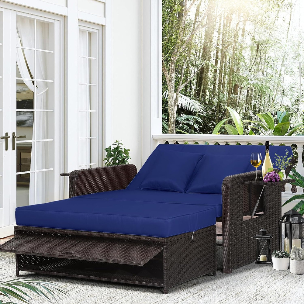 LDAILY Moccha Outdoor Daybed, Wicker Loveseat Sofa Set with 4-Postion Adjustable
