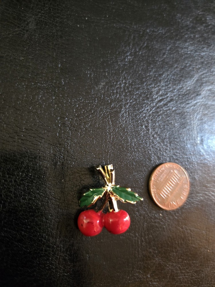 Vintage Enamel Red Cherry Brooch Lapel Pin Gold Tone
