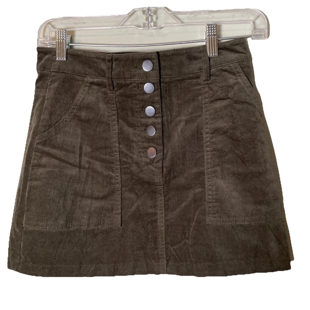 Green Flocked Skirt Womens S  Button Front Pockets Mini Retro 70s Academia