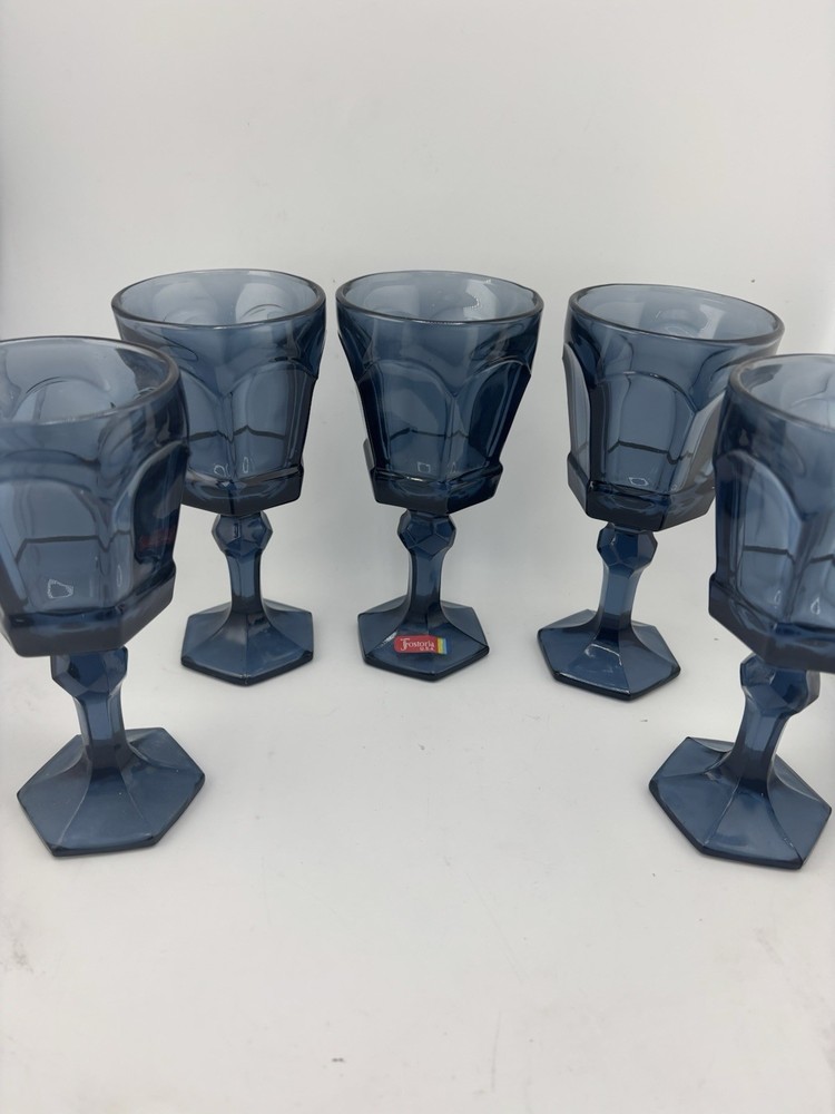 Vintage Fostoria Glass Virginia Pattern Dark Blue Wine Goblets 6 inch Set of 5