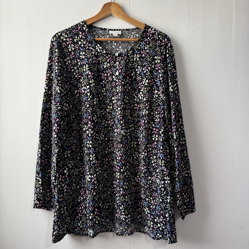 J Jill Black Multicolor Floral Print Rayon Tunic Top Sz L Women’s