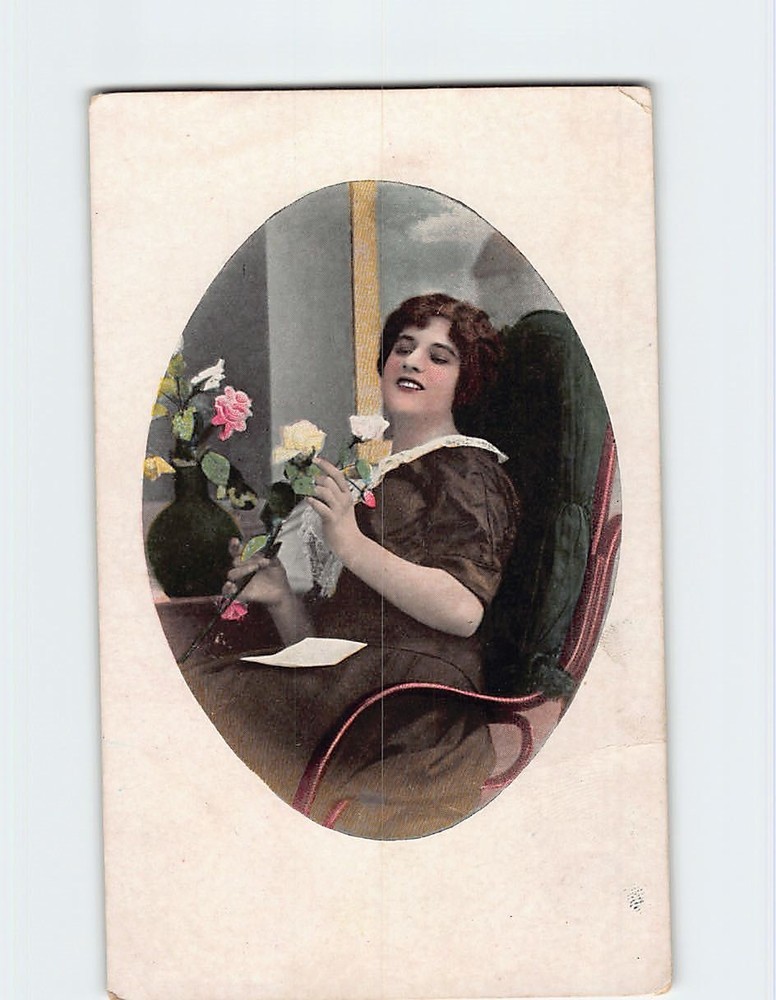 Postcard Vintage Photo of a Woman with Roses