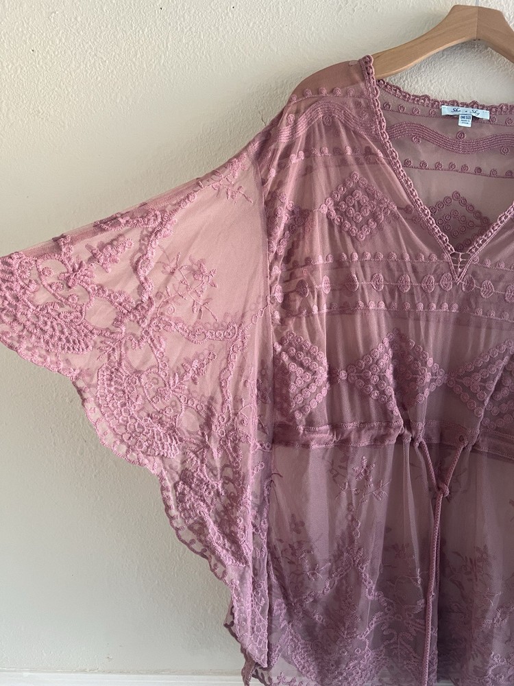 She + Sky Laced Lilac Purple Embroidered Kimono Top Sheer One Size Boho Festival