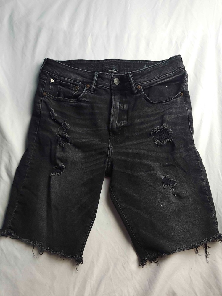 American Eagle Airflex Cut Off Shorts Men Size 34 Black Denim Distressed Raw Hem