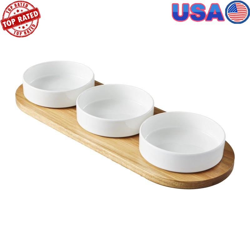 Acacia Wood Tray & Stoneware Bowl Set Condiments Chip & Dip 19.69x7.28x2.17 New-image