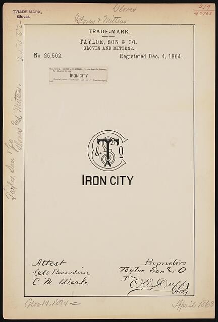 Photo:Taylor Son Co Iron City Gloves Mittens Trademark 1894 Registration