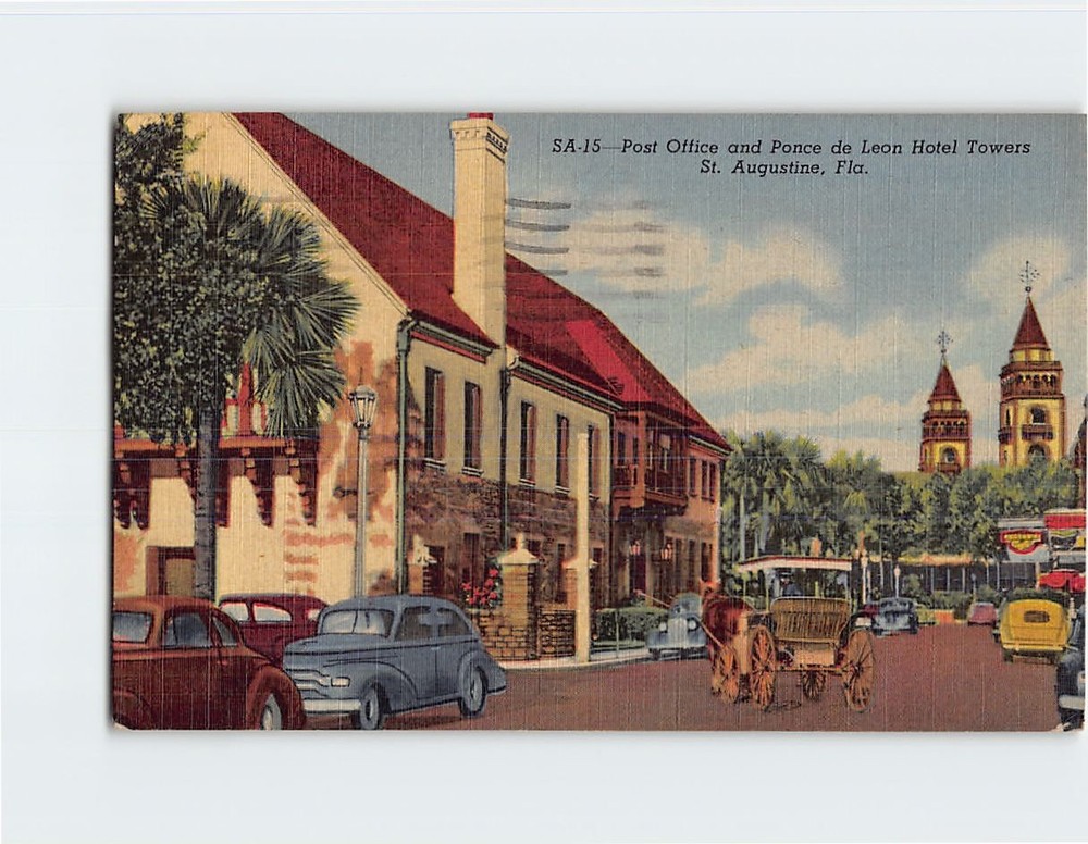 Postcard Post Office and Ponce de Leon Hotel Towers St. Augustine Florida USA