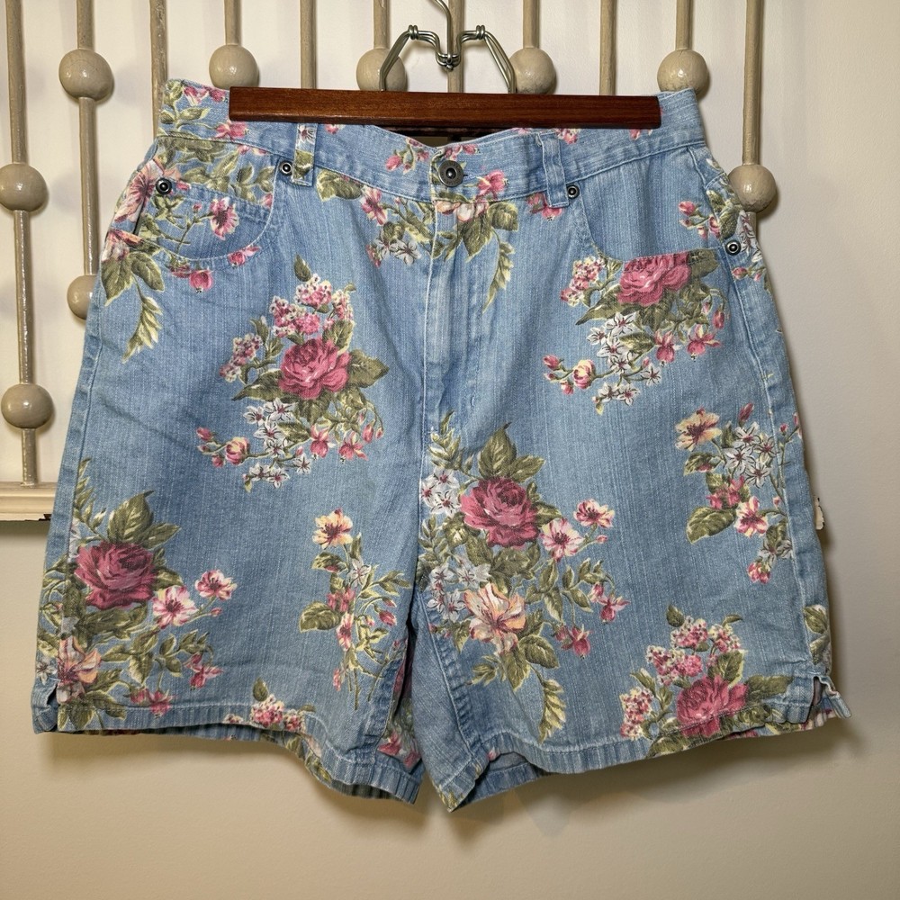 Liz Claiborne Floral Denim VINTAGE Liz Wear Light Wash Jean Shorts Women's 10