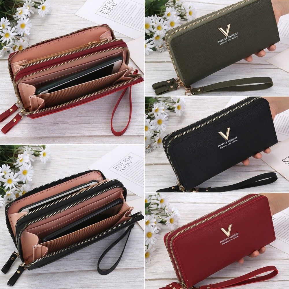 Women's Leather Long Wallet Phone Holder Handbag Clutch Zipper Purse with Strap