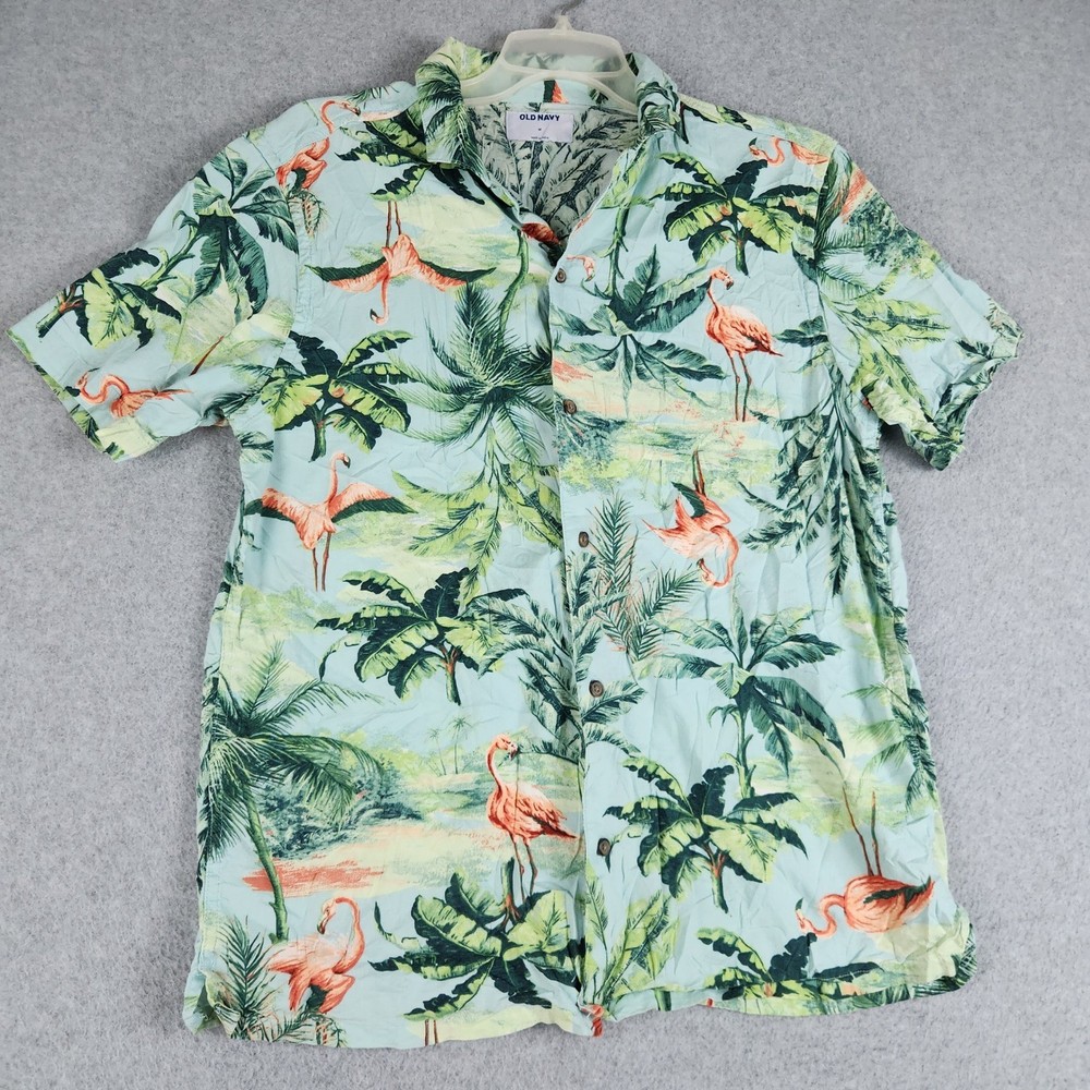 Old Navy Camp Shirt Mens M Green Flamingo Tropical Print Short Sleeve Button Up