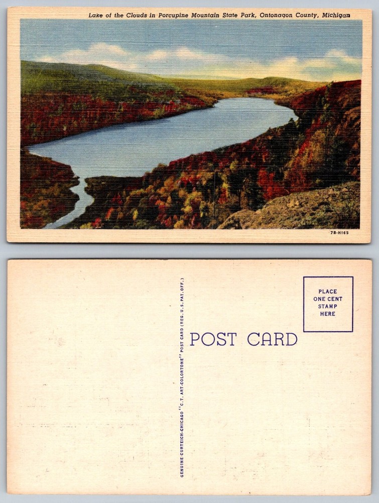 Lake of the Clouds Porcupine Mountains Michigan Linen Postcard Fall Foliage