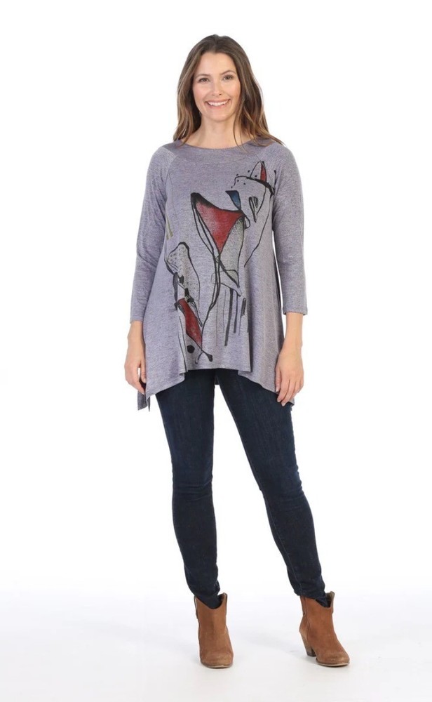 Jess & Jane Tunic Top Women Large Purple Abstract Graphic 3/4 Sleeve Art to Wear-image