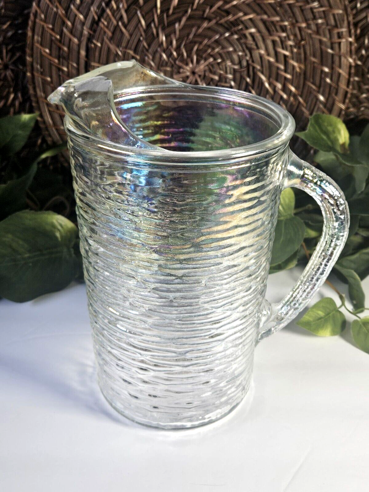 Rare Vintage Anchor Hocking 1960s Soreno Aurora Iridescent Glass 64 OZ Pitcher