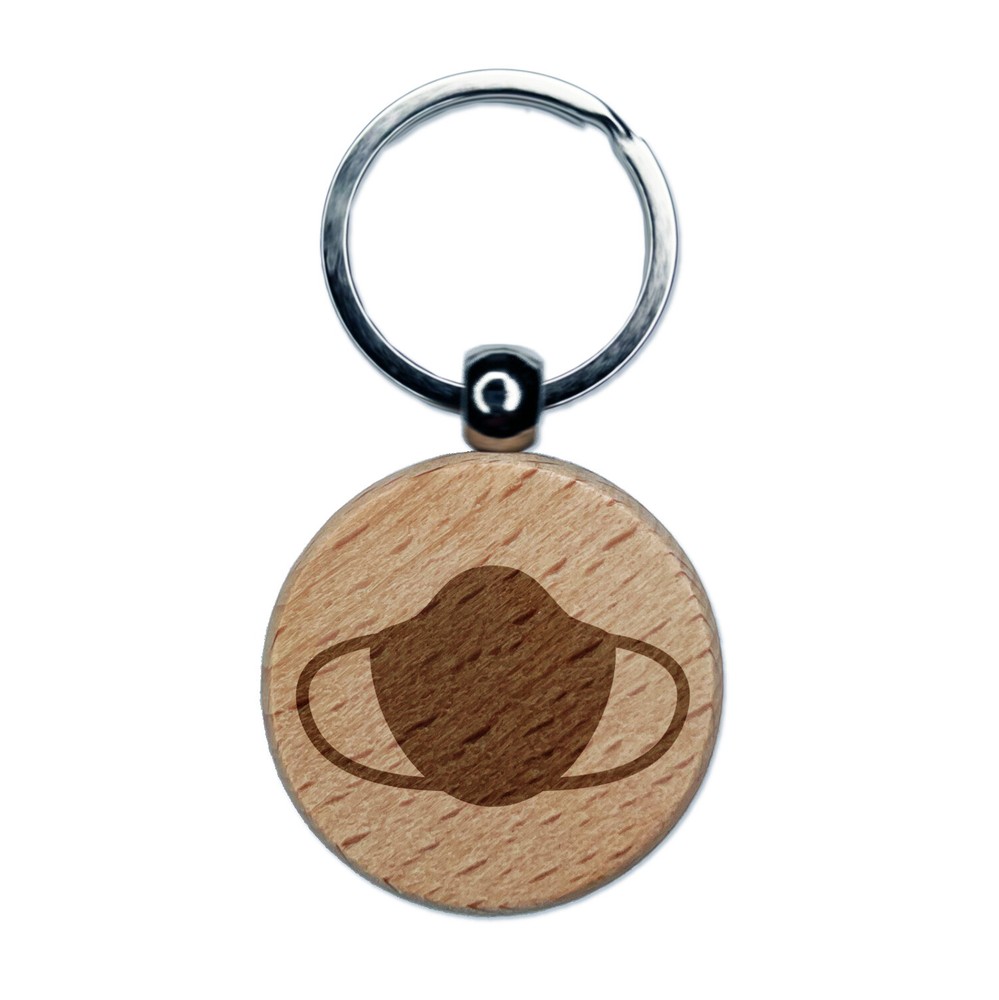 Face Mask Icon Solid Engraved Wood Round Keychain Tag Charm