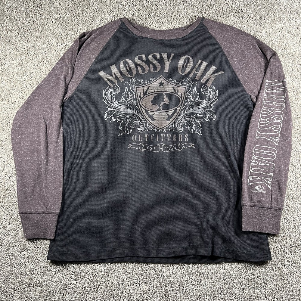 Mossy Oak Long Distressed Sleeve Men's Size L Black Waffle Knit Graphic Y2K