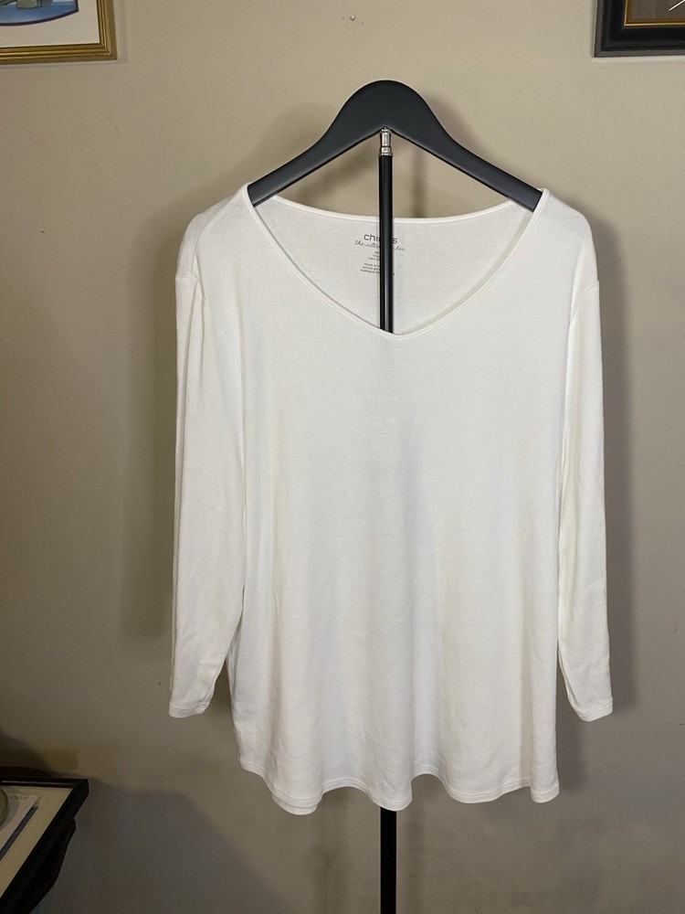 Chico's The Ultimate Tee White 100% Cotton V-Neck 3/4 Sleeve Top Women's Size 3