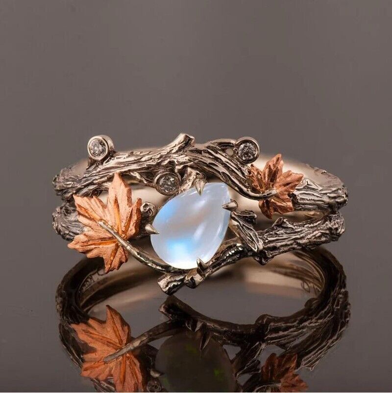 Vintage Maple Leaves Ring Set Women Antique Gold Twig Moonstone Jewelry Sz 5-10