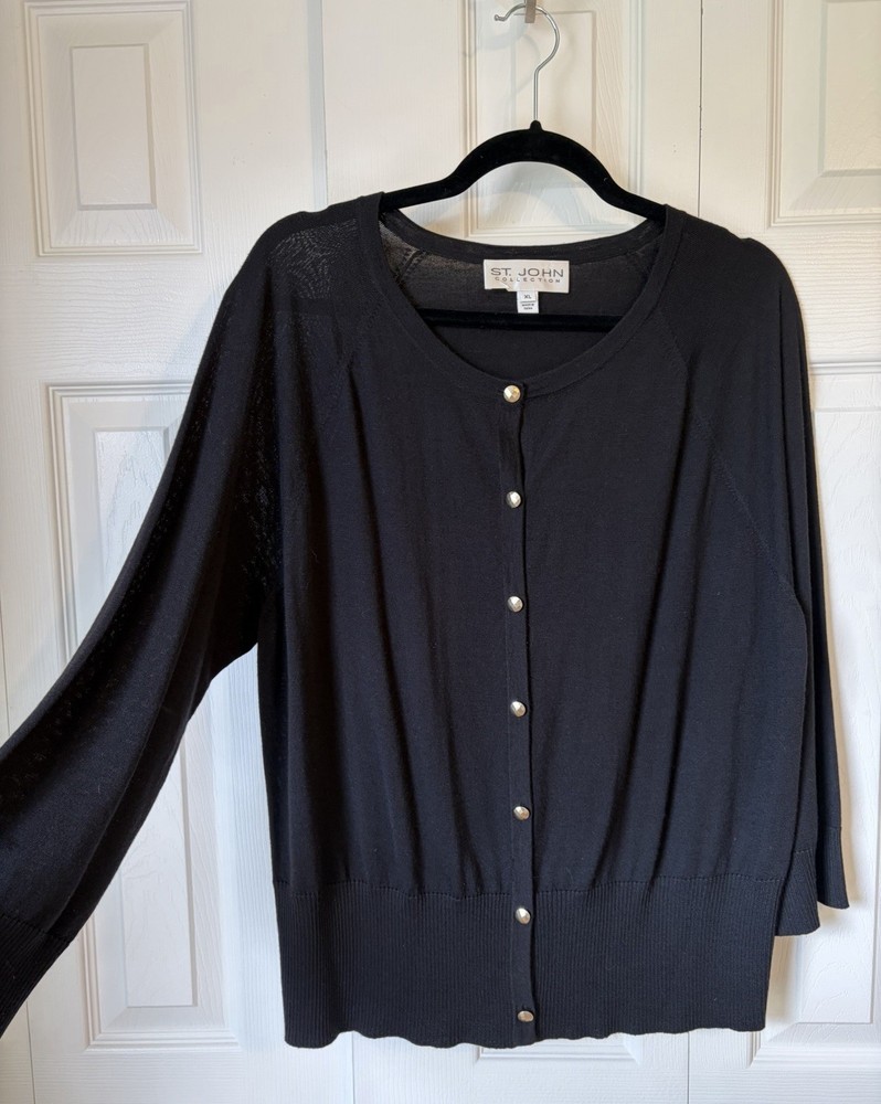 St. John Collection Black Lightweight Cardigan Sweater XL Gold Buttons Knit