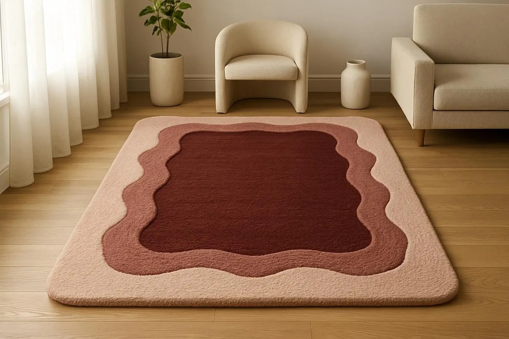 Hand Tufted Wavy Border Rug, Terracotta Abstract Area Carpet, Modern Home Decor