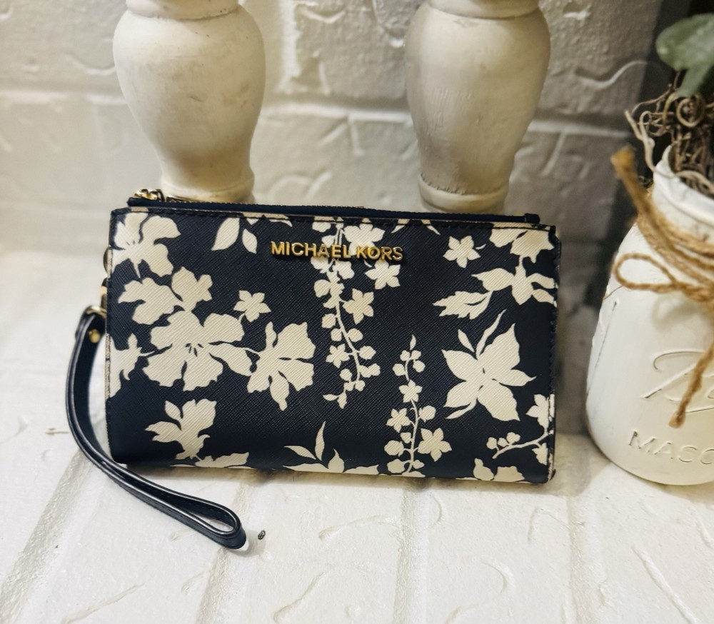 Michael Kors Black White Floral Print Wristlet Zip-Around Wallet Women