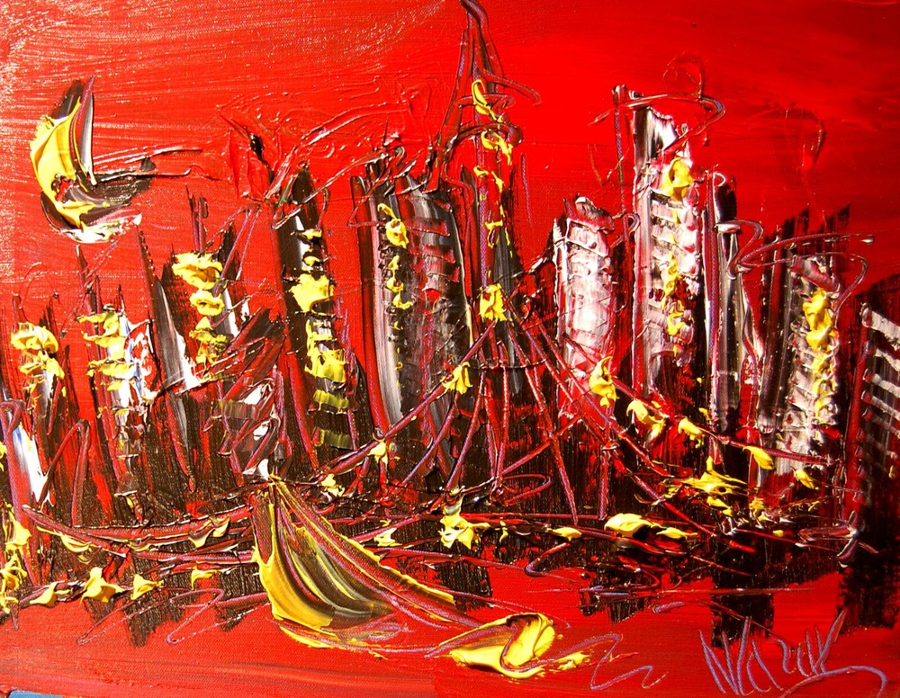 RED SKY    Modern  Original Abstract Painting  SIGNED PALETTE KNIFE   H798GT7