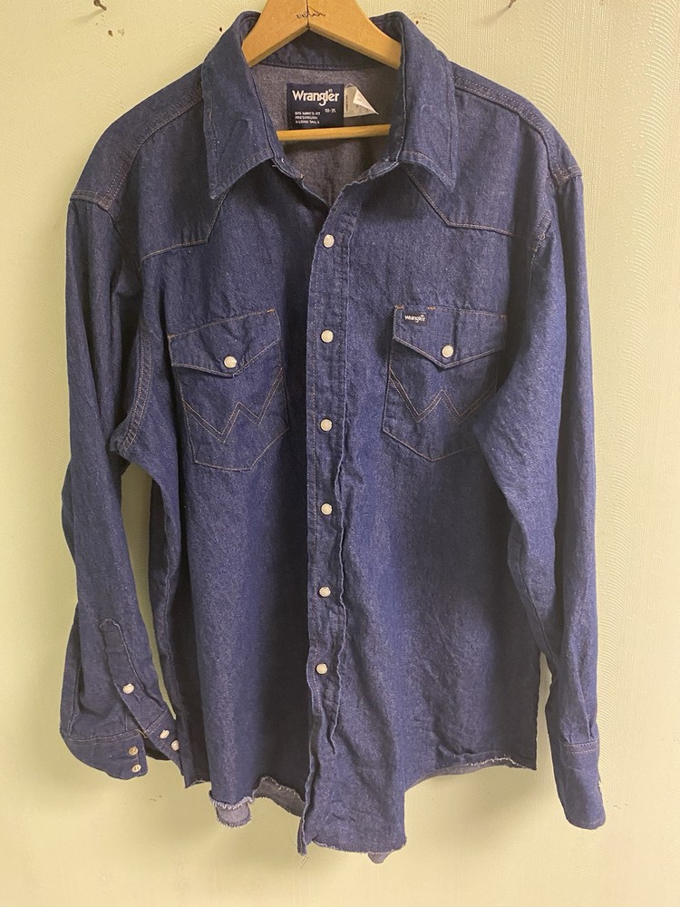 Wranglers Jean shirt Pearl Snap Western Big Man’s Fit X-Long Tails Sz 18-35 Vtg