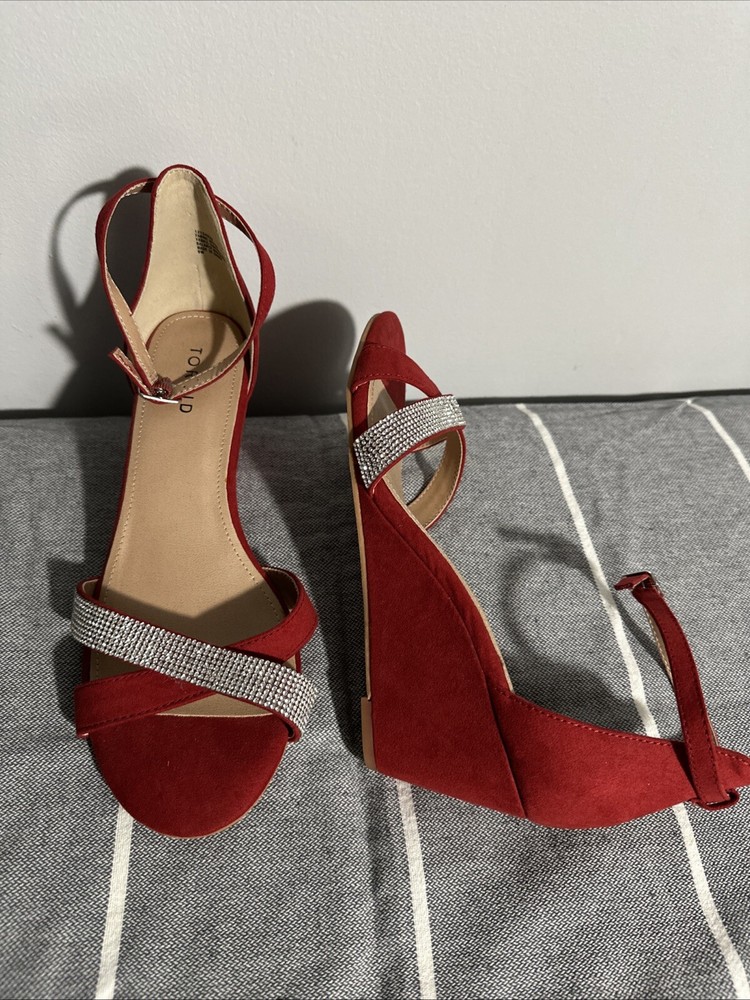 Torrid Red Faux Suede Rhinestone Wedge Sandals Size 9W with Ankle Strap