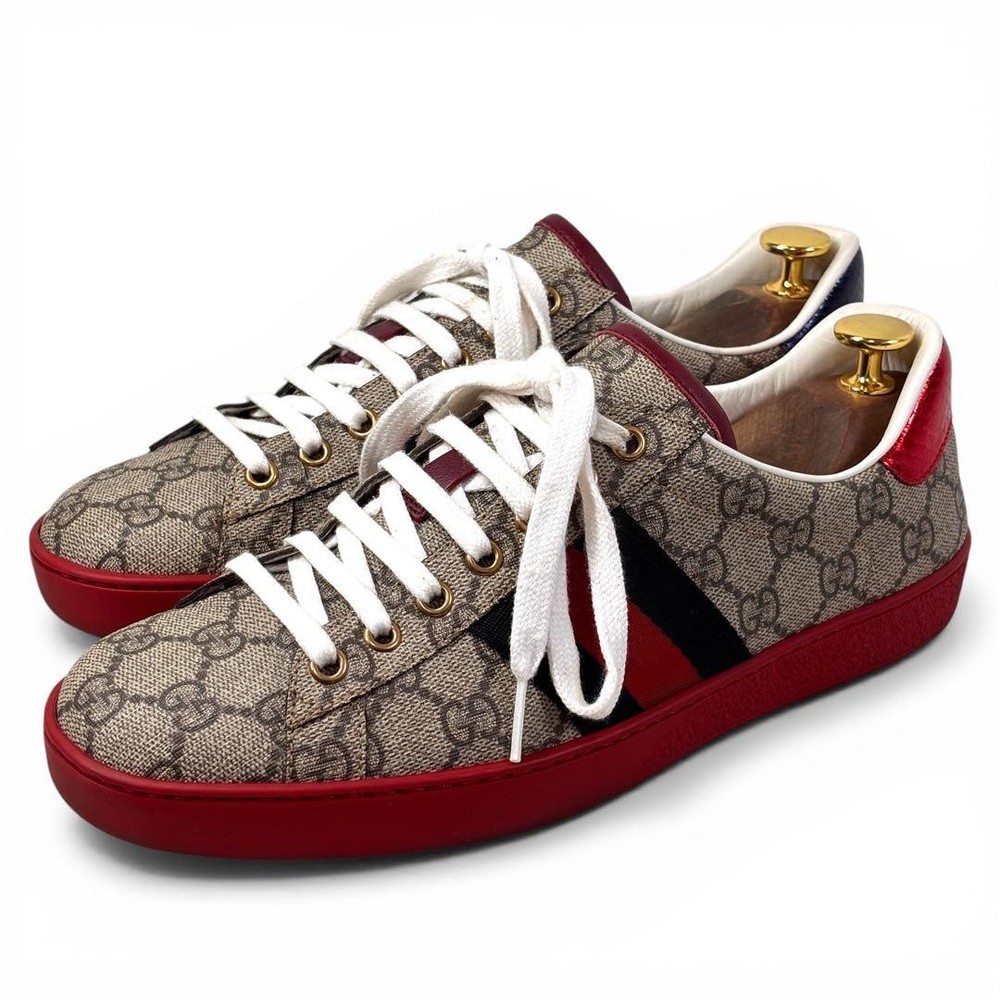 Gucci Ace GG Supreme Brown Stripe Red Sole Sneakers Size 6 25cm Men Authentic