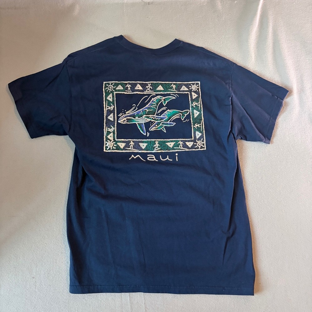 Hanes Authentic Maui Hawaii Whale Graphic T-Shirt Mens Large Navy Blue Cotton