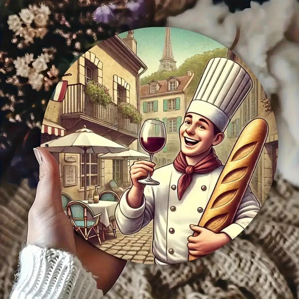 Vintage Chef Bakery Scene Round Metal Wall Decor