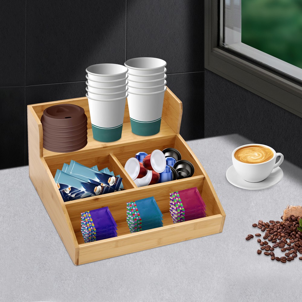 3 Shelf Bamboo Coffee Bar Organizer Countertop Tea Station Condiment Organizer