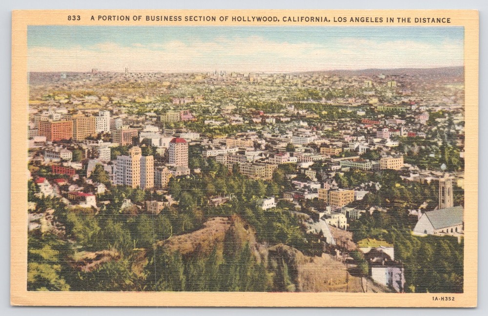 Linen~Air View Business Section Hollywood California~Vintage Postcard