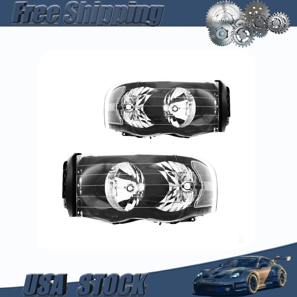 2x Headlights For 2002-2005 Dodge Ram 1500 2500 3500 Black Housing Headlamps US