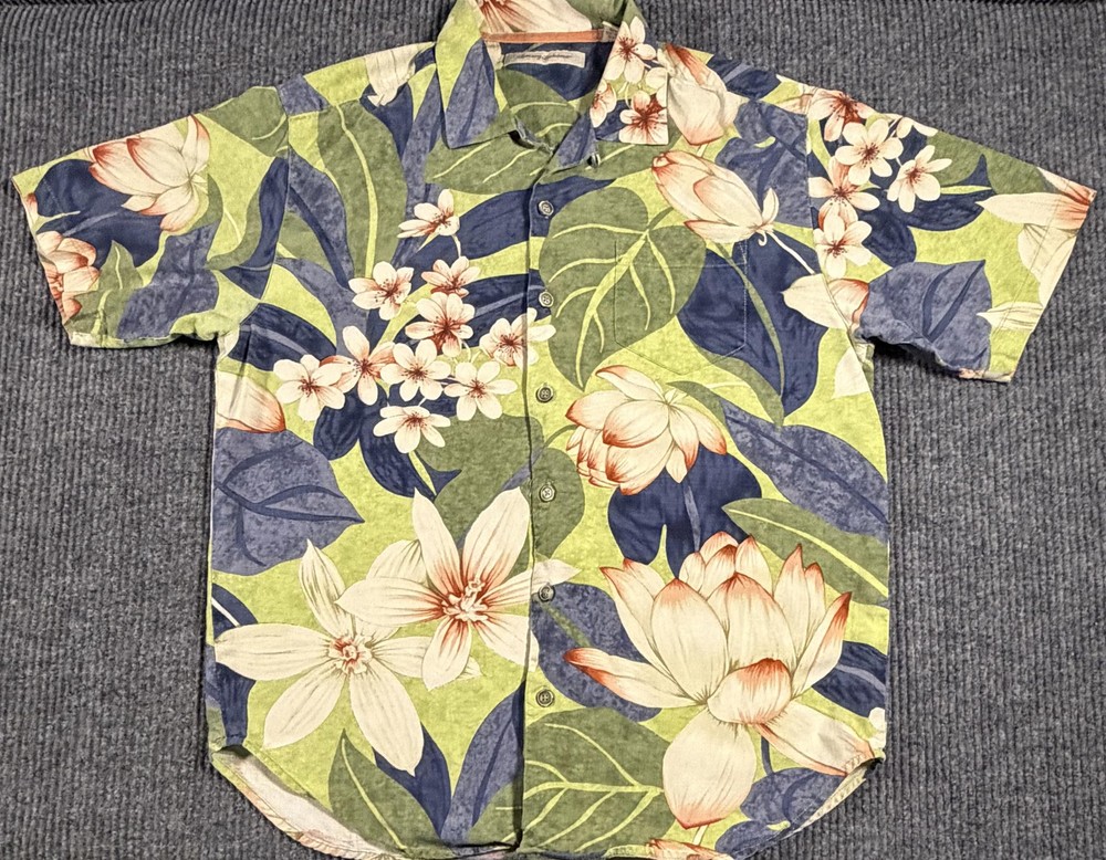 Tommy Bahama Shirt Mens Medium Hawaiian Silk Floral Short Sleeve Button Up Green