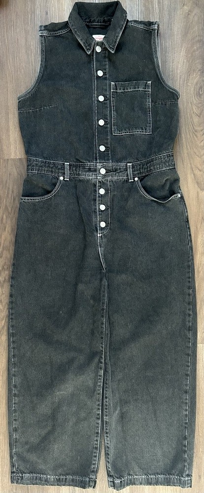 Levi's Black Denim Jumpsuit Womens Sz L Button Front Sleeveless Utility
