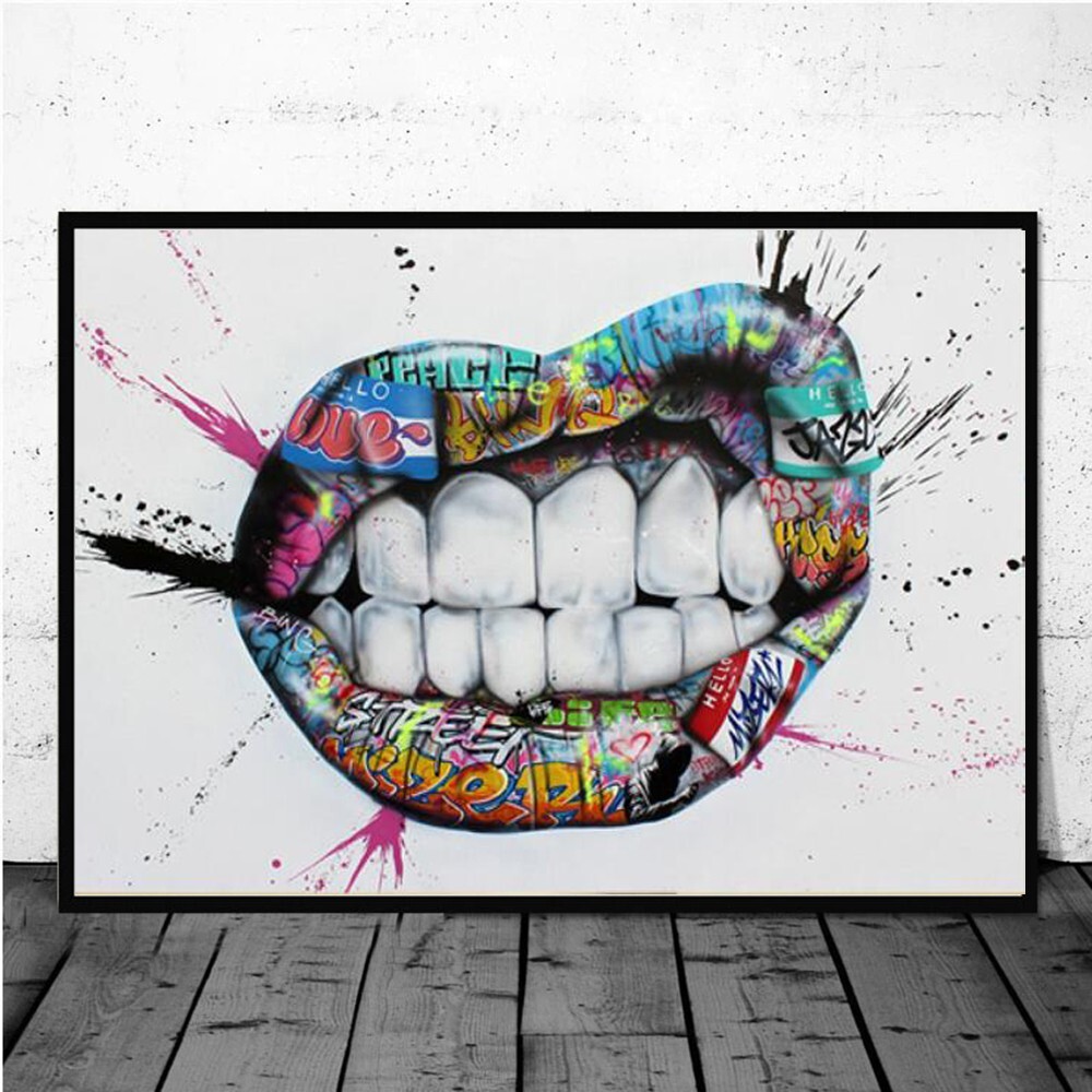 Classic Abstract Show Teeth Lips Graffiti Art Canvas Painting Living Room Decor-image