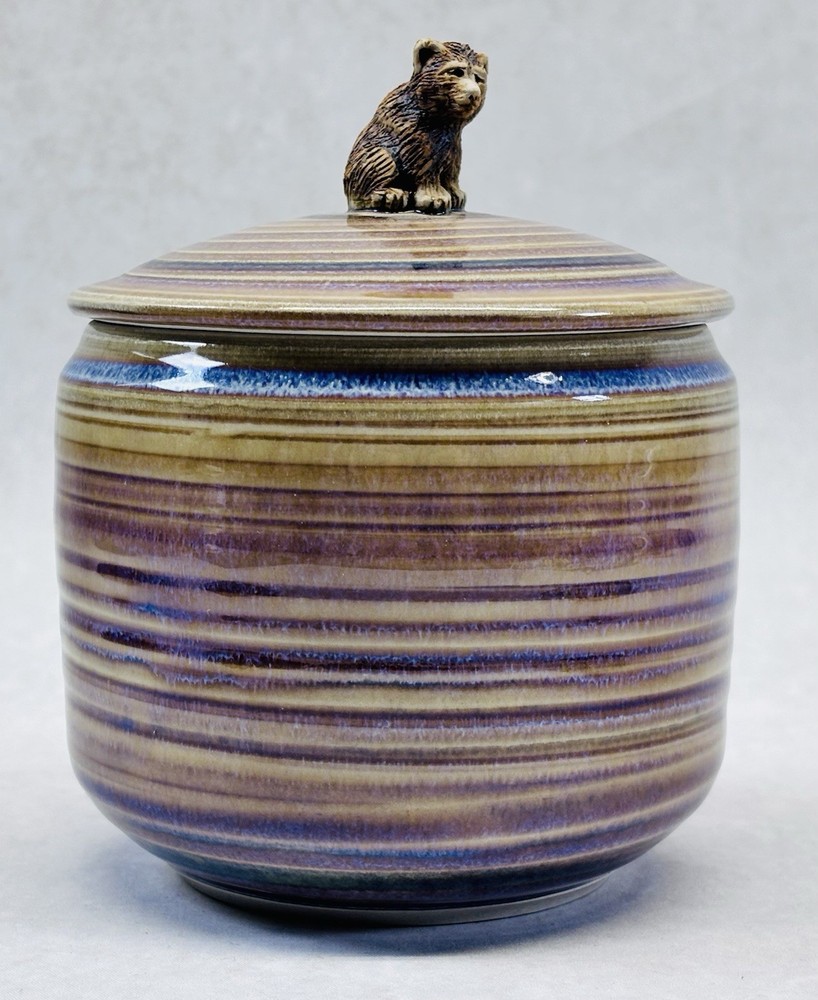 Studio Art Pottery Lidded Jar Bear Cub Finial Striped Multicolor Glaze Signed