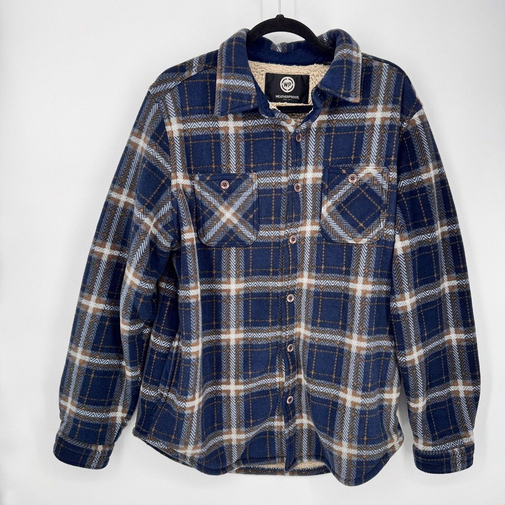 Weatherproof Shirt Jacket Mens Large Blue Plaid Sherpa Lined Flannel Winter