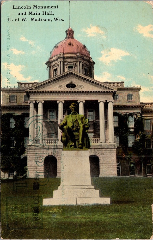 1911 Lincoln Monument & Main Hall University Wisconsin Madison Postcard 3Z