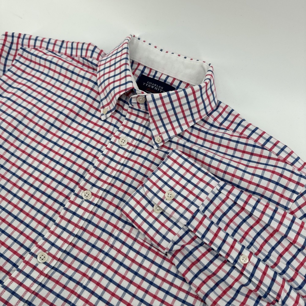 Charles Tyrwhitt Weekend Shirt Med Red White Blue Plaid Classic Fit Cotton Heavy