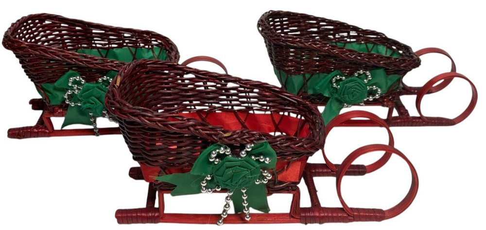 3 Wicker Sleighs Christmas Decorations Burgandy/Dark Red 7 1/4