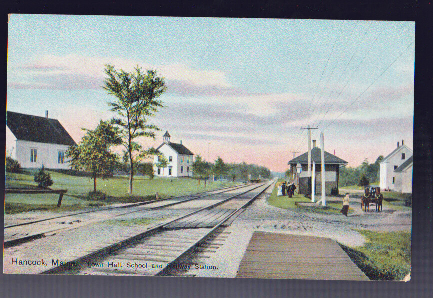 HANCOCK MAINE ME Town Hall School Railway Station Horse Buggy Postcard