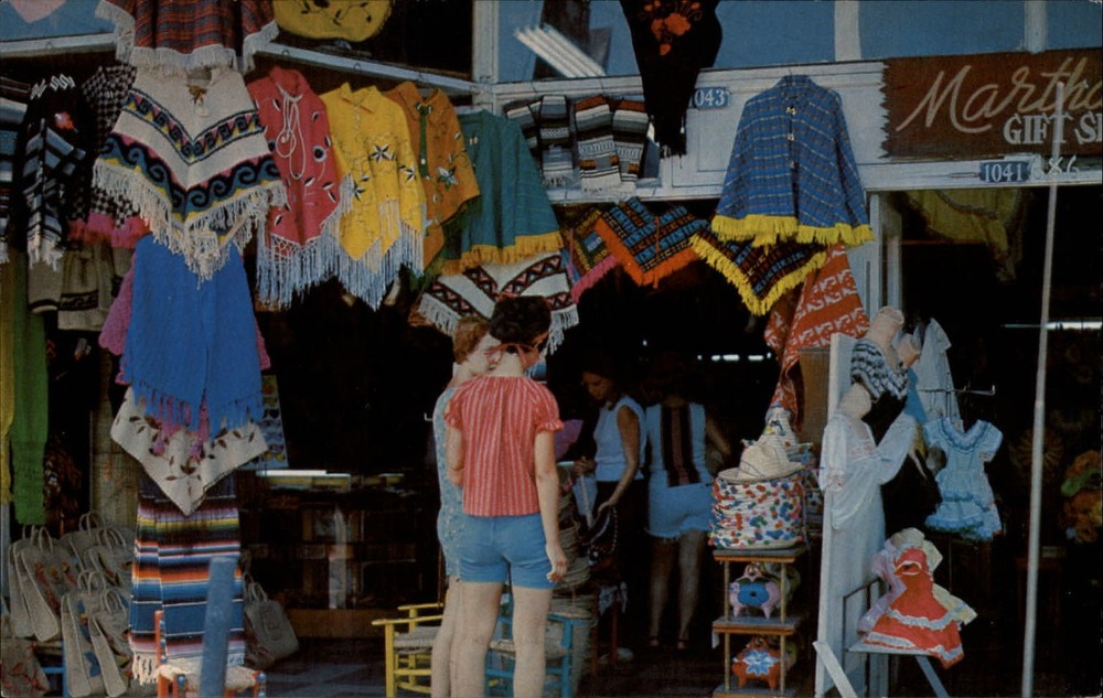 Mexico Tijuana colorful arts crafts shops shawls ~ vintage postcard