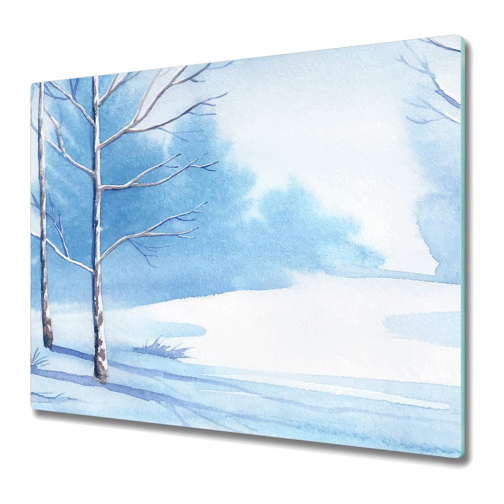 Serving Chopping Board Glass Cover Winter Landscape Winter Snow Painting Forest