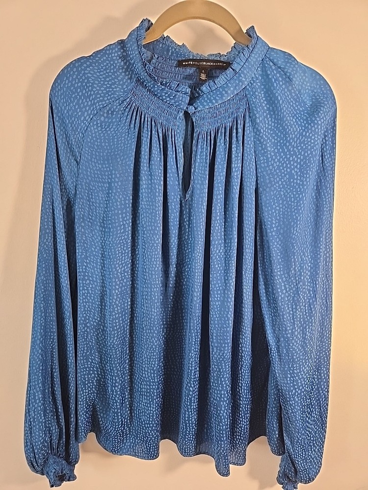 White House Black Market Blue Ruffle Neck Silky Blouse Size L Long Sleeve
